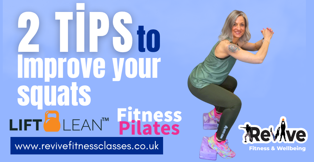 Woman squatting on two yoga block and text displaying TIPS to improve your squats