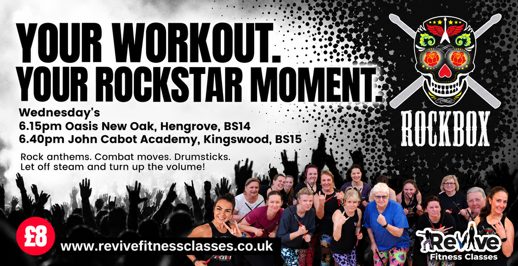 RockBox Bristol fitness class poster featuring women with drumsticks, a rock skull logo and Wednesday class details for Kingswood and Hengrove.